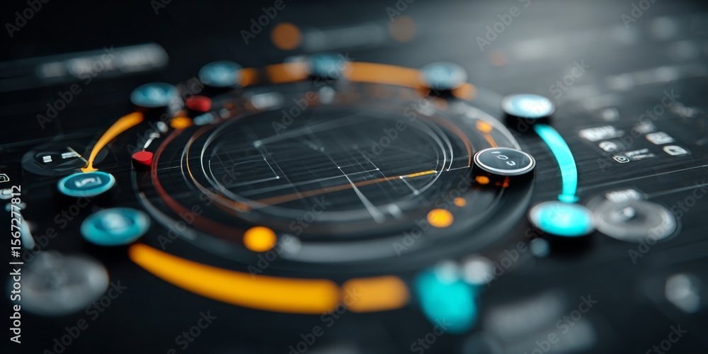 Poster Futuristic Digital Interface with Circles, Buttons, and Vivid Lines on a Dark Background for Technology and Design Concepts