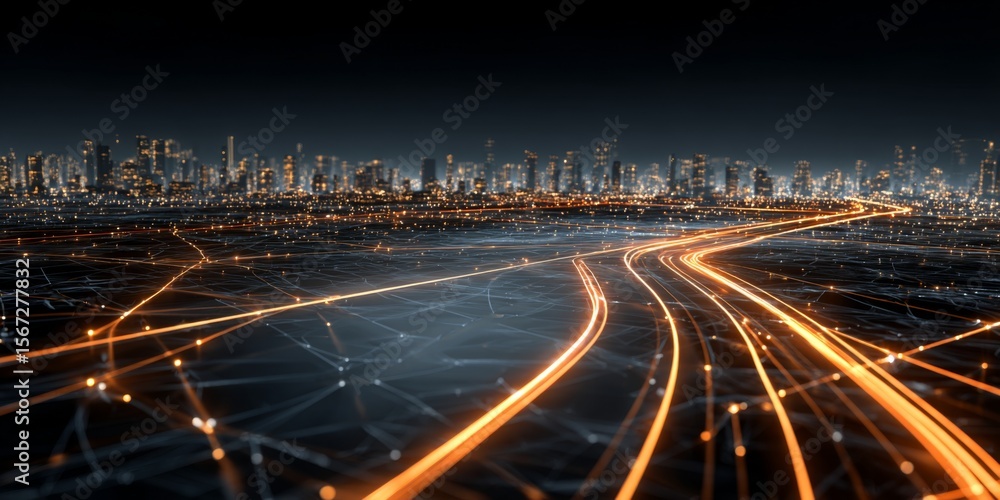 Poster dynamic night cityscape with flowing light trails and abstract network connections for modern techno