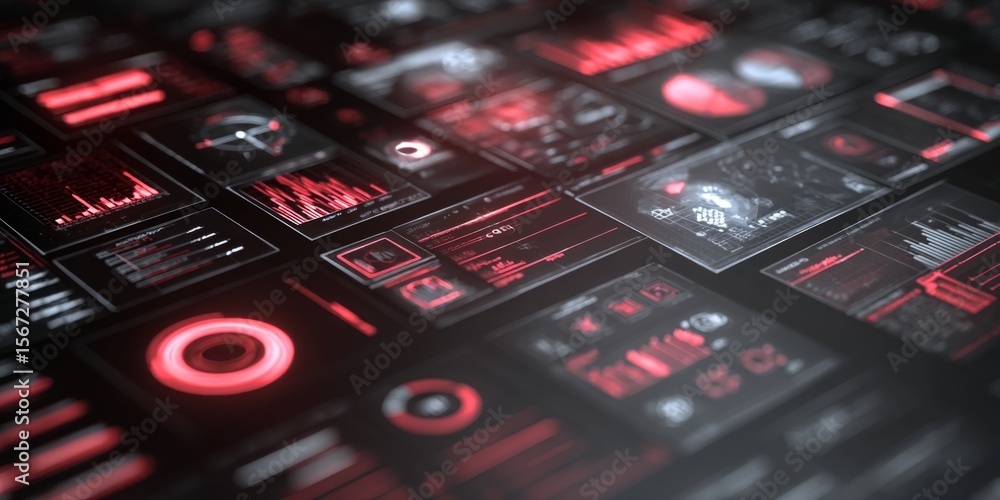Poster Futuristic Data Visualization in Red and Black with Complex Charts, Graphs, and Infographics for Technology and Business Analysis