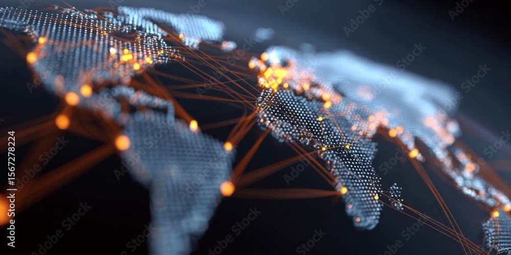 Poster Detailed Global Network Map Visualization with Illuminated Nodes and Lines Representing Connections Across Continents and Countries in Dark Background