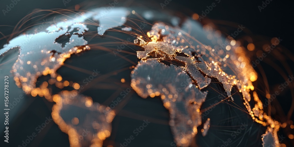 Poster futuristic global network connections represented with bright lights over europe and africa depicted