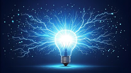 Glowing blue light bulb with energy spark - Innovation and technology concept  
