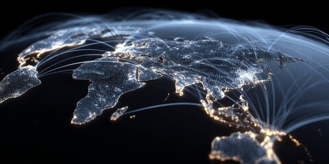 Global Connectivity with Bright Network Lines Over Detailed World Map at Night Highlighting Major Cities and Digital Connections