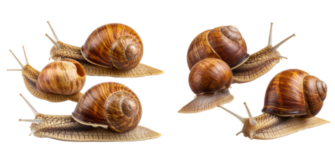 Three Garden Snails in Different Poses, isolated on transparent background PNG