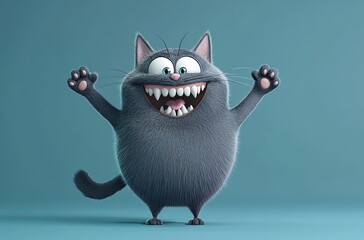 Funny cartoon cat with hands up on blue background, Ai Generated