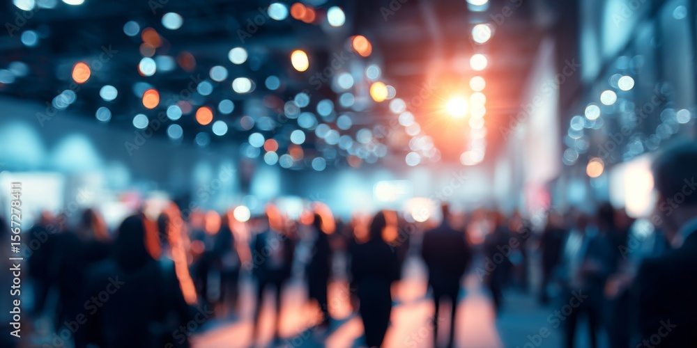 Poster blurry background of busy event with people networking in a well-lit hall, vibrant colors and lights