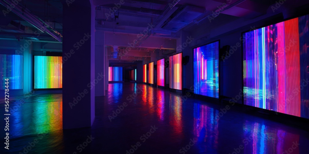 Poster Vibrant Abstract Light Installation in Darkened Space Showcases Colorful Neon Patterns and Striking Reflections on Smooth Floor Surface