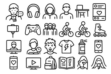 Modern Lifestyle and Digital Activities Line Icons Set - People, Technology, Entertainment and Recreation Vector Collection