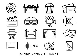 Cinema and Movie Line Icons Set - Film Production, Entertainment and Theater Vector Collection