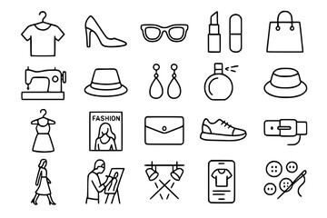 Fashion and Style Line Icons Set - Clothing, Accessories, Beauty and Shopping Vector Collection