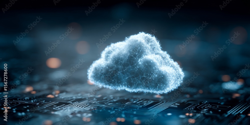 Aufkleber Futuristic Cloud Computing Concept with Digital Circuit Background, Abstract 3D Representation of Data Storage and Connectivity in Technology Environment
