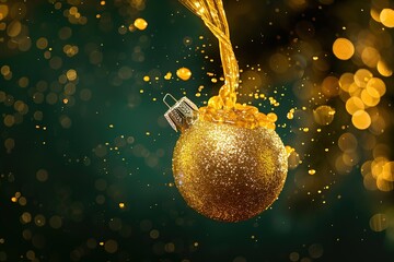 Golden christmas ball on bokeh background. Christmas and New Year concept, Ai Generated