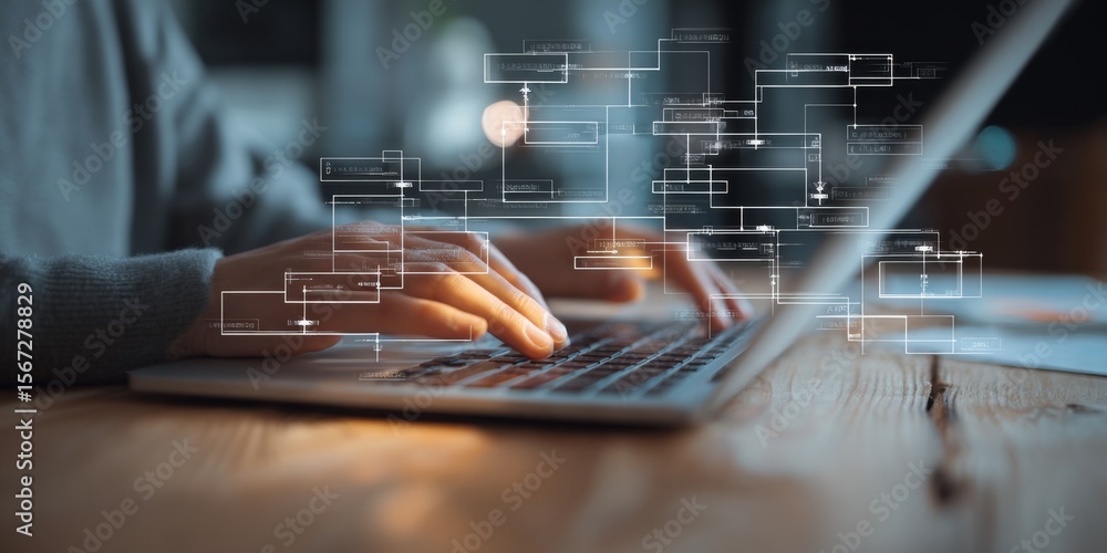 Poster Close-Up of Hands Typing on Laptop Keyboard with Digital Flowchart Graphics Representing Data Analysis and Process Mapping in Modern Workspace