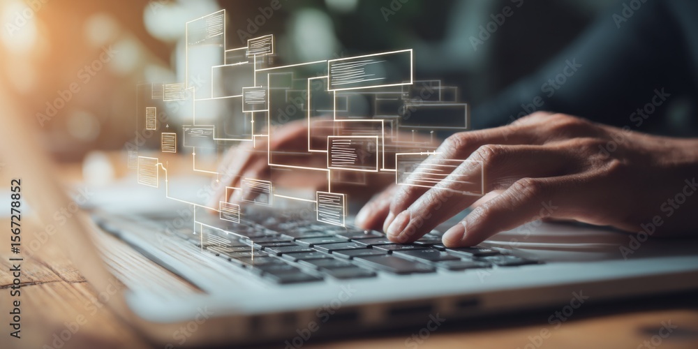Poster Close-Up View of Hands Typing on Laptop Keyboard with Flowchart Graphics in Background, Representing Data Processing and Information Analysis