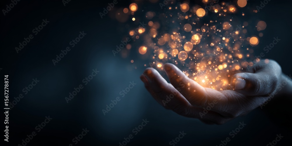 Poster Mystical Hands Generating Magical Light Particles in a Dark Atmosphere, Perfect for Illustrating Concepts of Wonder and Creativity