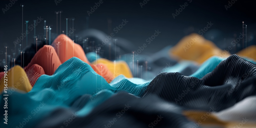 Poster abstract landscape with colorful peaks and digital elements representing data and technology in a fu