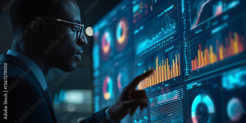 Poster Business professional analyzing data on modern digital display in dark office environment showcasing graphs and statistical visuals for decision making