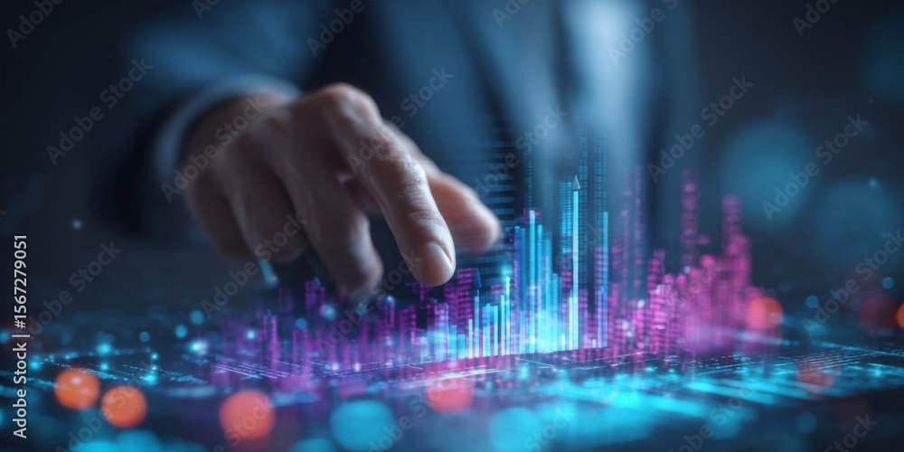 Poster Businessman Using Touchscreen Interface to Analyze Data Trends in a Futuristic Digital Environment with Colorful Graphs and Charts Display