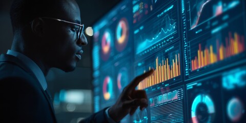 Business professional analyzing data on modern digital display in dark office environment showcasing graphs and statistical visuals for decision making