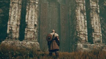 Viking-era doorway in misty landscape