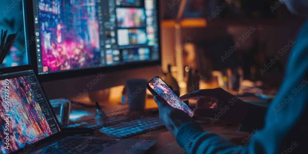 Poster Person Using Smartphone in Dark Room Surrounded by Computer Screens Displaying Colorful Digital Art and Creative Design Elements