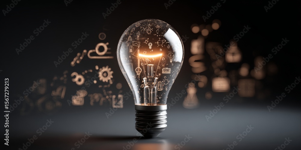 Aufkleber illuminated light bulb with creative symbols representing innovation, ideas, and problem solving in 