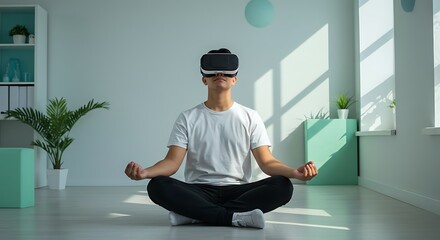Person in meditation using virtual reality headset.