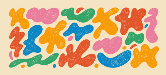 Funky organic liquid shapes and fluid forms drawn by a crayon. Hand drawn textured figures. 