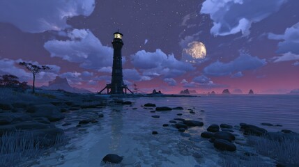 Lighthouse at night on a rocky shore