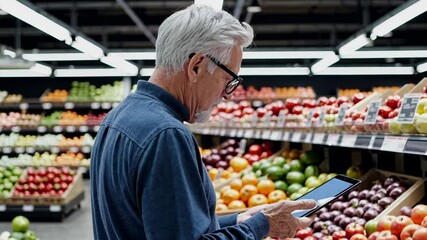 Side angle of a senior man in a grocery store, holding a tablet. The video captures him analyzing produce, showcasing a modern shopping experience. - Powered by Adobe