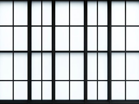 A large black window with rectangular panes, each featuring square white glass panels.