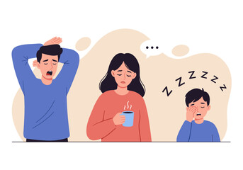 A tired family, including a yawning man, a woman with a coffee cup, and a sleepy child, illustrates exhaustion and fatigue against a neutral backdrop.