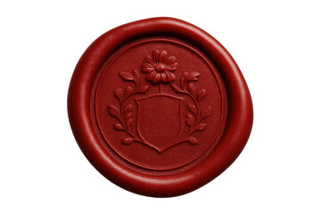 Red wax seal featuring a floral crest and empty shield, isolated on a transparent background, perfect for adding an authentic touch to designs