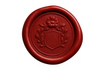 Red wax seal featuring a floral crest and empty shield, isolated on a transparent background, perfect for adding an authentic touch to designs