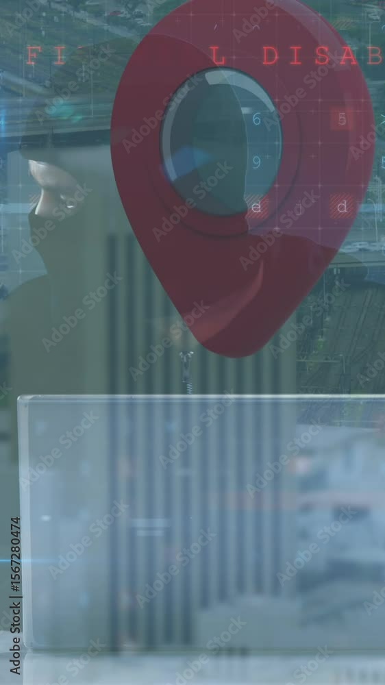 Poster animation of cyber attack warning with male hacker using laptop over cityscape