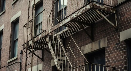 Rusty fire escape on old brick building