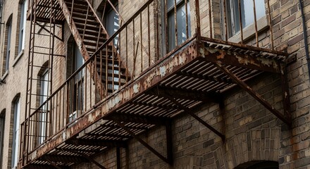 Rusted fire escape on old brick building facade exterior design