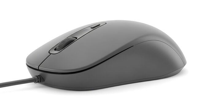 A black wireless computer mouse, an essential office input device, isolated on a white background