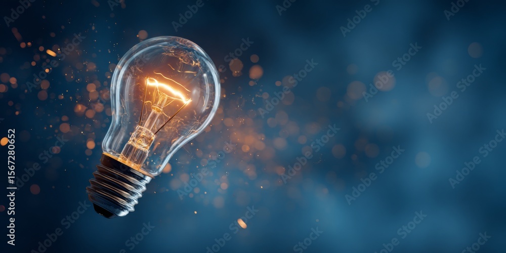 Aufkleber Captivating Close-Up of Glowing Light Bulb Surrounded by Sparkling Dust in a Cool Blue Background for Creative Visual Projects