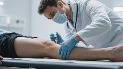 Obraz premium Doctor Administering Knee Injection Medical Procedure