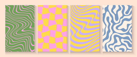 Summer party poster set, geometric memphis style. Hello summer  banner, cards, flayer with hand lettering Deformed fluid uneven organic seamless lines vector funky groovy maze backgrounds
