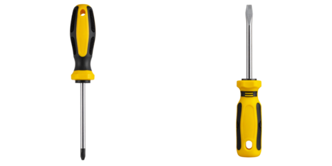 Flat-Head Screwdriver with Yellow Handle, Front View, isolated on transparent background PNG