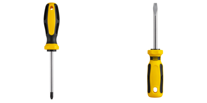 Flat-Head Screwdriver with Yellow Handle, Front View, isolated on transparent background PNG