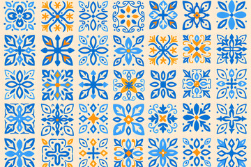 青とオレンジの装飾タイルパターン &ndash; 幾何学と花模様のシンメトリーデザイン」

