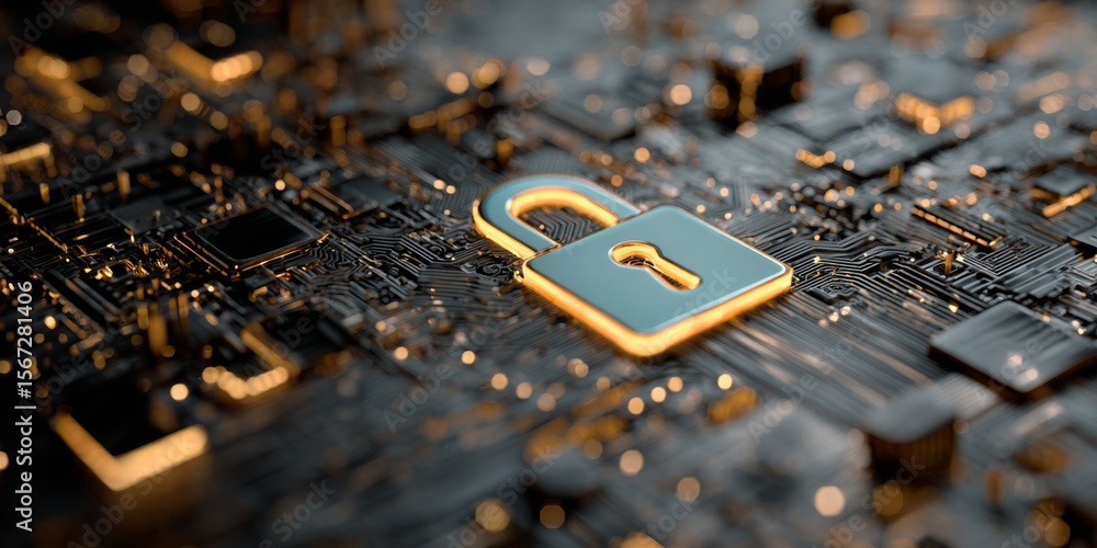 Poster Digital Security Concept with Golden Padlock on Circuit Board Background Representing Data Protection and Cybersecurity in Modern Technology