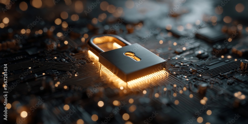Poster abstract digital representation of a padlock on a circuit board, symbolizing cybersecurity, encrypti