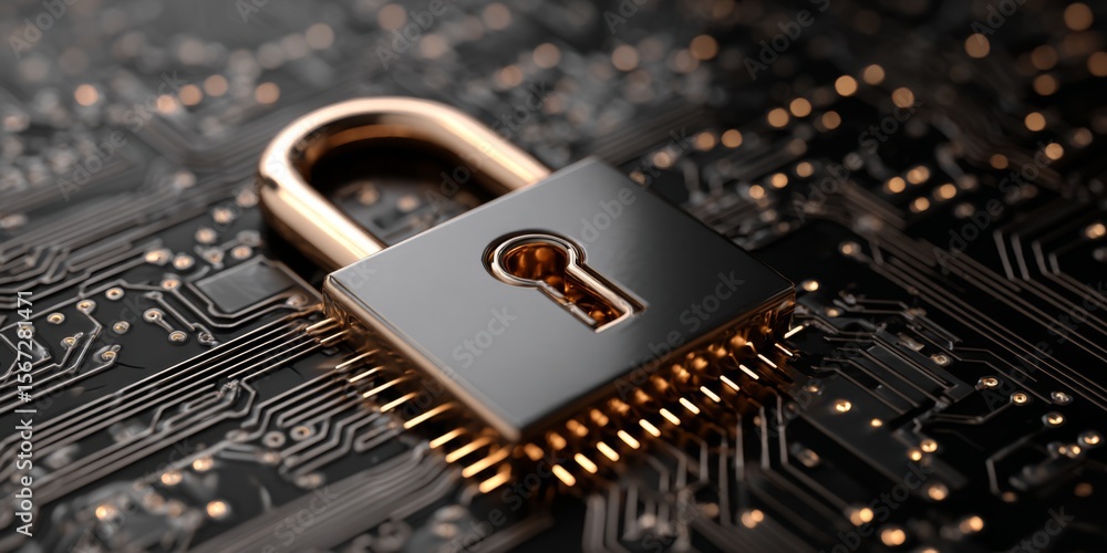 Poster metallic padlock resting on a dark circuit board background conveying security, technology, and digi