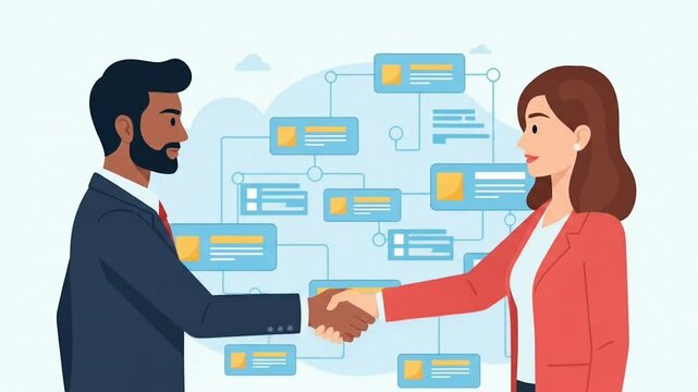 Business Partnership Handshake Agreement with Network Diagram Background. - Powered by Adobe