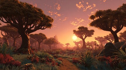 Lush alien forest at sunset