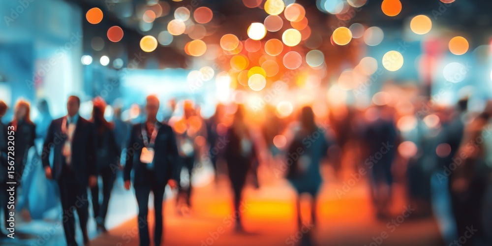 Poster blurry crowd of business professionals walking at a convention with warm light bokeh creating a dyna